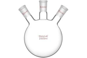 StonyLab Borosilicate Glass 3 Neck Round Bottom Flask RBF, with 24/40 Center and Side Standard Taper Outer Joint (2L)