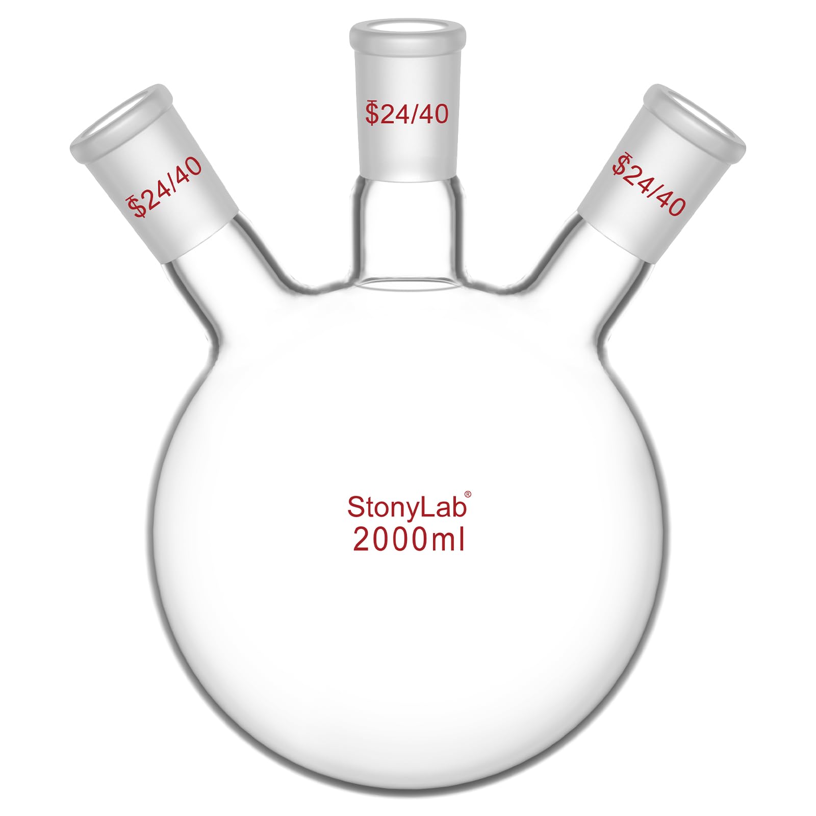 StonyLab Borosilicate Glass 3 Neck Round Bottom Flask RBF, with 24/40 Center and Side Standard Taper Outer Joint (2L)