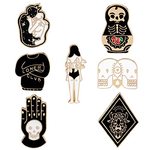 Winzik Novelty Brooch Pin Set 7pcs Skeleton Skull Punk Series Enamel-liked Lapel Pins Badges for Unisex Child Women Girls Clothes Bags Decor