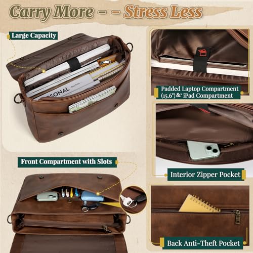 RAINSMORE Men's Messenger Bag, 15.6 Inch Laptop Briefcase in Vegan Leather Vintage Waterproof, Professional Messenger Bag for Office, College and Travel, brown, Retro