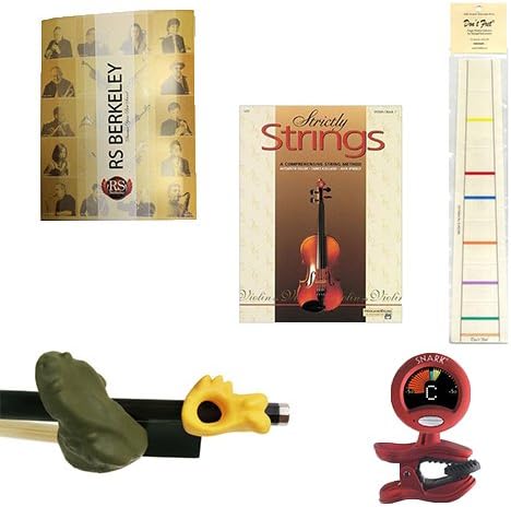 Violin Players Instructional Pack (For 1/4 Size Violin)- Essential Beginners Pack for the Violin Includes: Green Bow Hold Buddy Violin Teaching Aid, Don't Fret Position Indicator for 1/4 Violin, Band Folder, Strictly Strings Book 1 for Violin, &amp; Tuner &amp; Metronome