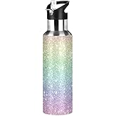 Shiny Rainbow Glitter Water Bottle Kids Bottle with Straw Lid Kids Insulated Stainless Steel Water Flask Leakproof Bottle for Gym Outdoor 20 oz