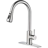 FORIOUS Kitchen Faucet with Pull Down Sprayer Brushed Nickel, High Arc Single Handle Kitchen Sink Faucet with Deck Plate, Com