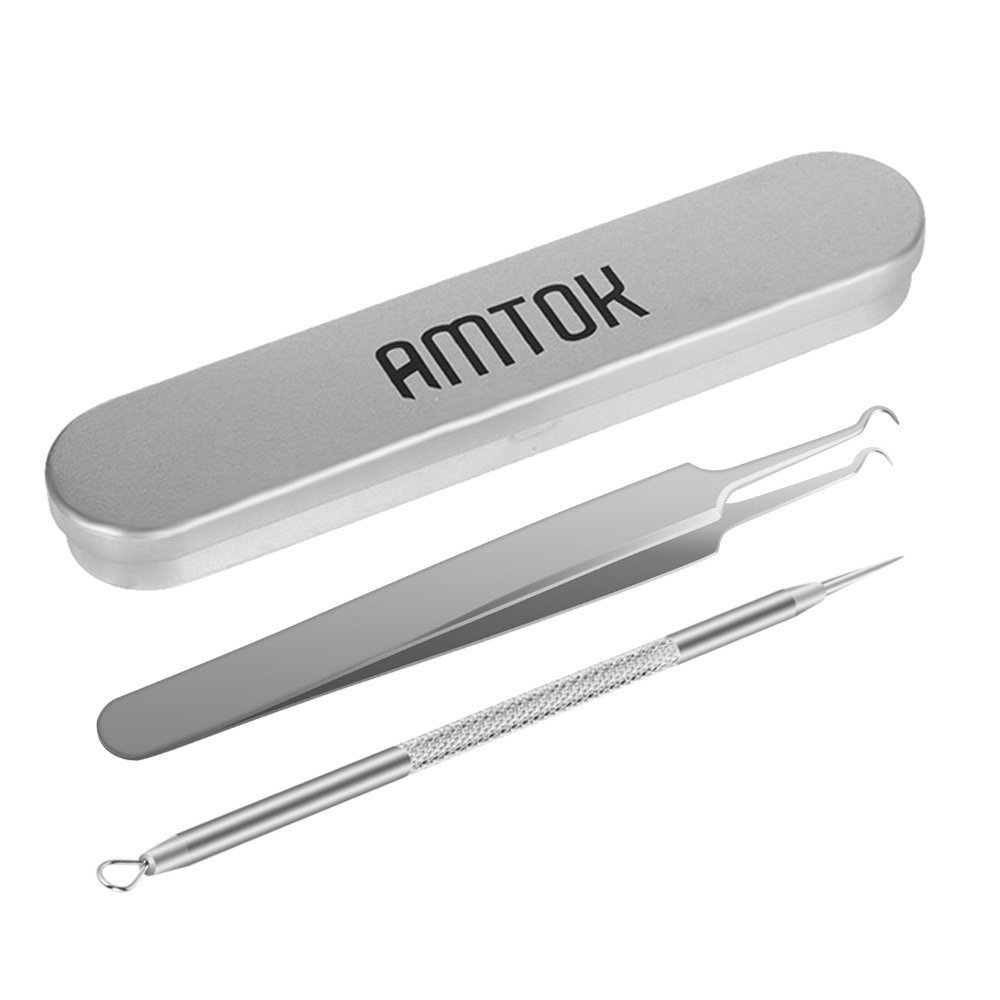 AMTOK Blackhead Remover Kit Curved Blackhead Tweezers Kit Pimple Comedone Extractor Tool Set Dermatologist Grade Kit Treatment for Blemish , Zit Popper (tweezers 2pcs)