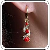 Yheakne Vintage Ruby Crystal Dangle Earrings Red Rhinestone Drop Earrings Round Red Gemstone Earring Gold Cz Ruby Earring Jewelry for Women