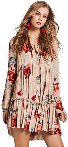 Bohoartist Autumn Royal Blue Long Sleeve Embroidery Lace up V Neck High Waisted Velvet Mini Dress (Small, Pink)