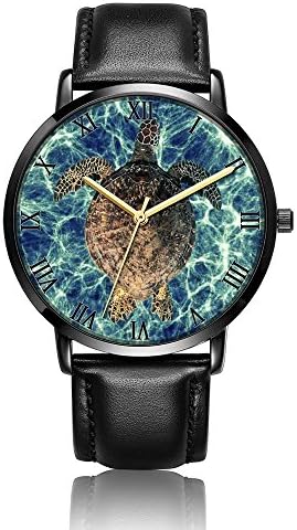 Whiterbunny Customized Sea Turtle Wrist Watch Unisex Analog Quartz Fashion Black Leather Strip/Black Dial Plate for Women and Men