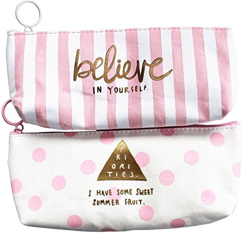 Summerose Light Pink Gold Canvas Polka Dots Stripes Pencil Case Makeup Bag Coin Pouch (Pack of 2)