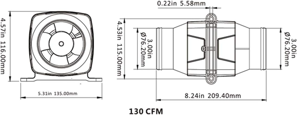 Seaflo 130 CFM 12V 75mm Inline Blower Fan, White - Image 5