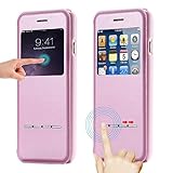iPhone 6 Plus & iPhone 6s Plus Case, FLOVEME [ Smart Slide Series ] Premium View Window Ultra Thin Flip PU Leather Folio Cover for Apple iPhone 6 Plus and iPhone 6s Plus 5.5 inch - Pink
