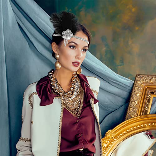 bdzyh Rhinestone Feather Flapper Headband for Women, Retro Black 1920s Hair Band, Great Gatsby Inspired Sparkle Costume Accessories