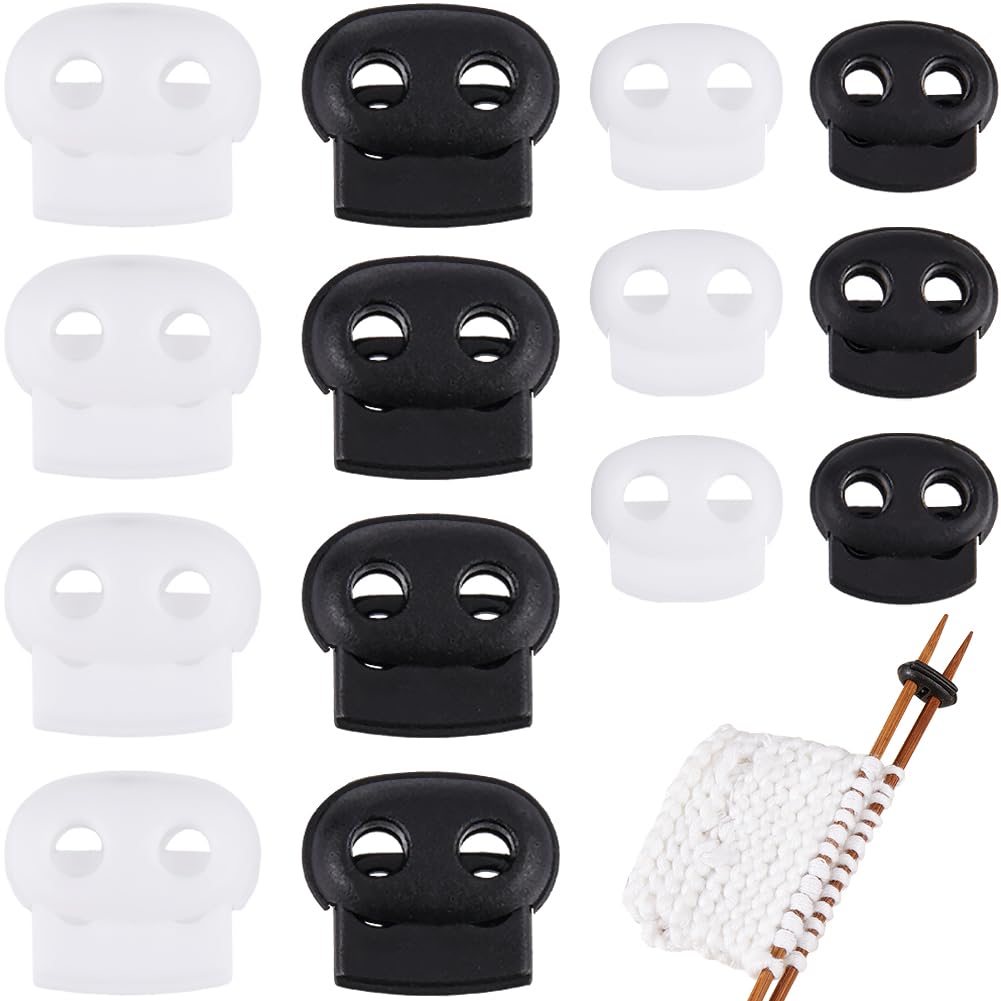 SUNNYCLUE 40Pcs 4 Styles Knitting Needle Stopper Knitting Stitch Stoppers Plastic Cord Locks Black White Double Hole Drawstring Stops Needles Point Protectors for Sweater Knitting Crocheting End Caps