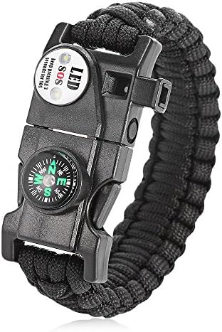 EMAK Outdoor Paracord Bracelet with Multi Tool - Embedded Compass, Fire Starter, Emergency Knife, Whistle, Rescue Rope for Hiking Traveling (Black)
