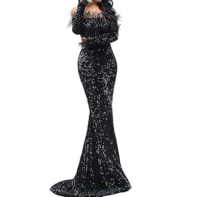 Linlinq Sexy Off Shoulder Feather Long Sleeve Sequin Floor