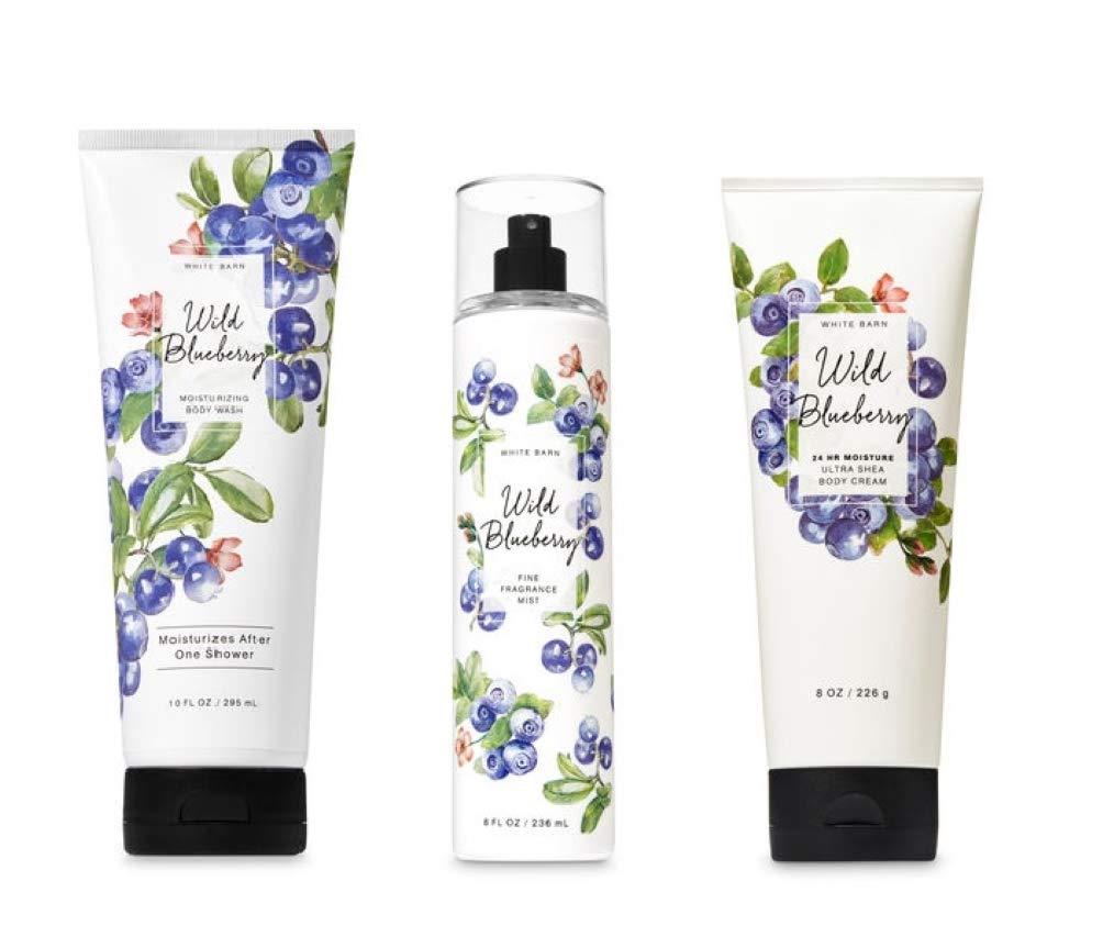 Bath and Body Works Wild Blueberry Moisturizing Body Wash Fine Fragrance Mist and Ultra Shea Body Cream Full Size Bundle