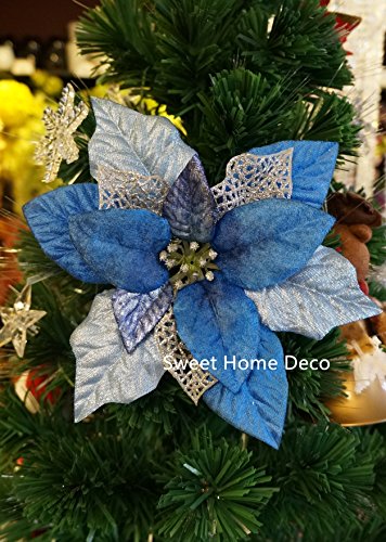 Sweet Home Deco 10'' Silk Poinsettias Artificial Flower Heads Christmas Holiday Decorations (5 Flower Heads) (Blue)