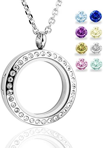 Glass Circle Magnetic 30mm Rhinestone Memory Floating Locket Pendant Chain Necklace - free 5 mm birthstones (Silver)