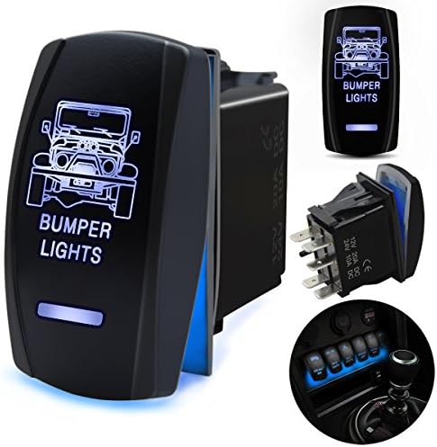 FABOOD F Waterproof 5 Pin BUMPER LIGHTS Rocker Switch Laser SPST ON/OFF Two LED Backlit Blue Light 20A 12V For Auto Automotive Motorcycle Truck Boat Marine Off-Road ATV Replace Kit (with Jumper Wire)