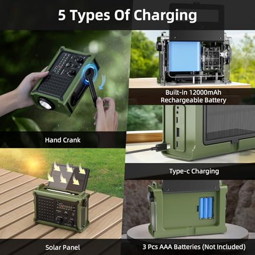 Solar Radio, AM/FM Crank Radio with 12000mAh Power Bank for Smart Phone Emergency Charging, 5 Charging Methods, Headphone Jack, SOS Alarm for Camping, Emergency