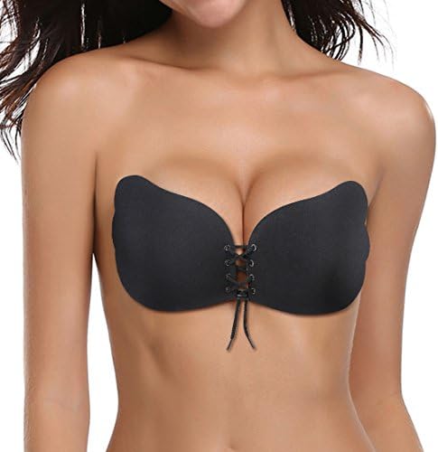 Push Up Bra, Woman Ladies Sexy Reusable Invisible Magic Strapless Self Adhesive Stick On Gel Backless Silicone Bras With Nipple Cover,B-Cup(Black)