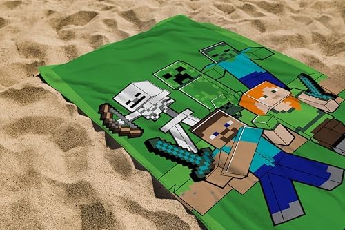 , Telo Mare Minecraft, 70x140 cm, Asciugamano da Spiaggia o Piscina, 100% Morbido Cotone, Pratico e Leggero