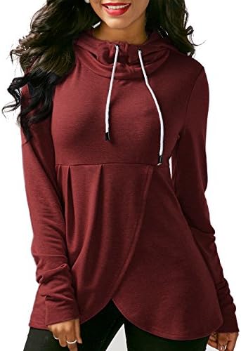 Women's Basic Soft Pullover Funnel Neck Vintage Fleece Asymmetric Hem Wrap Long Sleeve Casual Hoodie Sweatshirt Size XL Red