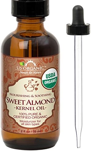 US Organic Sweet Almond Kernel Oil, USDA Certified Organic,100% Pure & Natural, Cold Pressed Virgin, Unrefined in Amber Glass Bottle w/Glass Eyedropper for Easy Application