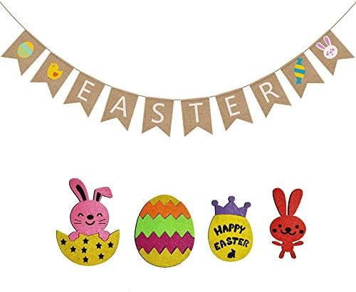 Asommet Happy Easter Burlap Banner Colorful Bunny Pattern Bunting Garland Flags Easter Hanging Ornaments Home Party Kitchen Decor Favors Photo Props