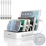 Multi Device Charging Station MSTJRY USB Charging Dock with Switch Cell Phone 5 Port Charging Station for Apple iPhone Ipad etc(White, 3 Lightning & 2 Micro USB Cables Included)