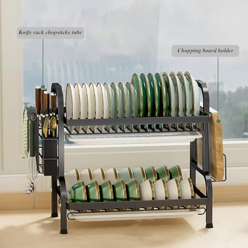 Nyganmelloz 2-Tier Stainless Steel Dish Drying Rack, Dish Drainer with Drip Tray & Utensil Holder, Multifunctional Countertop Organizer with Cup, Cutting-Board, Plate Holder for Kitchen Sink, Black