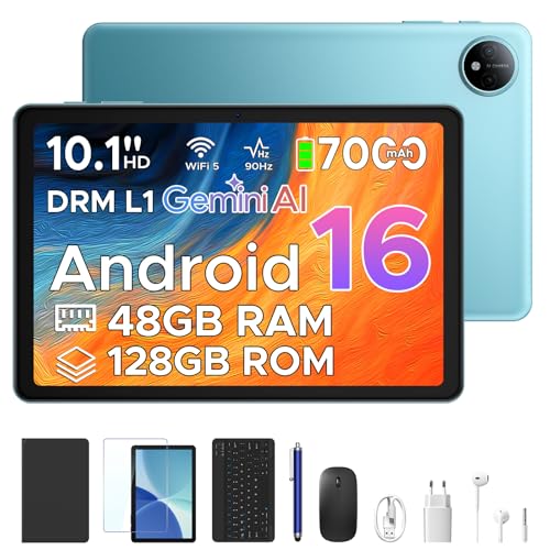 Luzglo P10 Tablet Android 16, Tablet 10 Pulgadas 48GB RAM+128GB ROM/2TB TF, Gemini AI, 90Hz Screen, 7000mAh, 5W OTG, 5G WiFi, Face ID, OTG, GPS, 3.5mm, Widevine L1, Tableta con Teclado y Lapiz, Azul