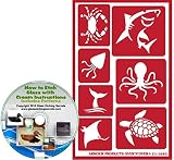 Glass Etching Secrets Sea Life Animal Reusable Stencils: Crab, Shark, Squid, Octopus, Whale Tail, Searay, Sea Turtle Nautical & Beach Adhesive Stencils + How to Etch CD