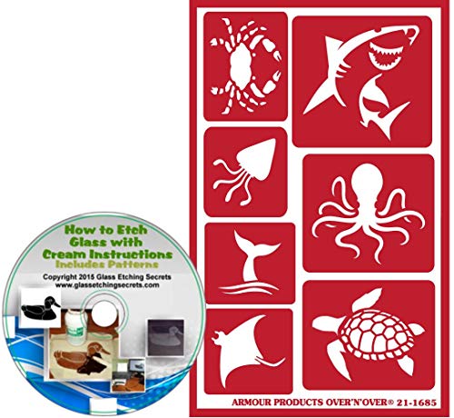 Glass Etching Secrets Sea Life Animal Reusable Stencils: Crab, Shark, Squid, Octopus, Whale Tail, Searay, Sea Turtle Nautical & Beach Adhesive Stencils + How to Etch CD