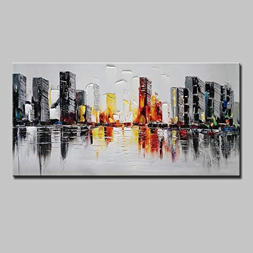 SHYHSCLBD Oil Paintings On Canvas Hand Painted,Modern Abstract Cityscape, Black Yellow Building,Wall Art For Bedroom Kitchen Dining Room Home Decorations,90×180Cm