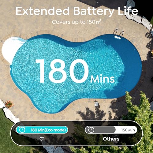 C1 Cordless Pool Cleaner Robot – 180 Mins Run Time, Triple-Motor Powerful Suction, Wall & Waterline Cleaning, Smart APP Navigation, Dual-Layer Filtration for Inground Pools up to 150㎡ (Onyx)