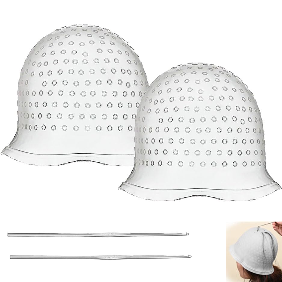 Photo 1 of 2 Pcs Silicone Hair Coloring Highlighting Cap, Punched Highlight Cap for Hair with Hook,Reusable Pull Through Caps for Hair Coloring, Hair Dye Cap with Hook for Women Men