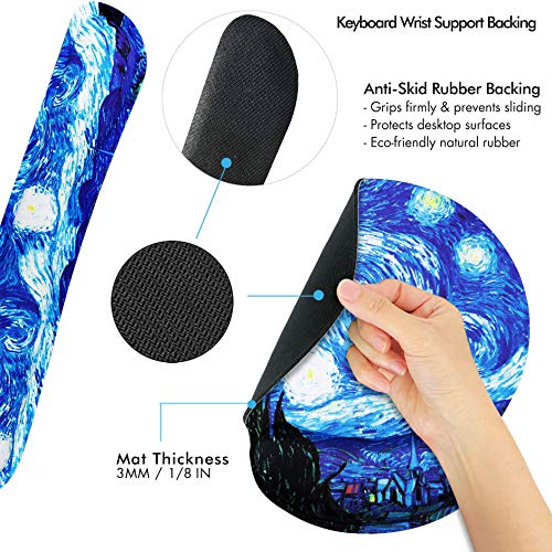 Van Gogh Starry Night Ergonomic Design Mouse Pad with Wrist Rest Hand Support and Keyboard Support. Round Large Mousing Area. Mouse Pad and Keyboard Pad for Laptop, PC Computer & Mac.