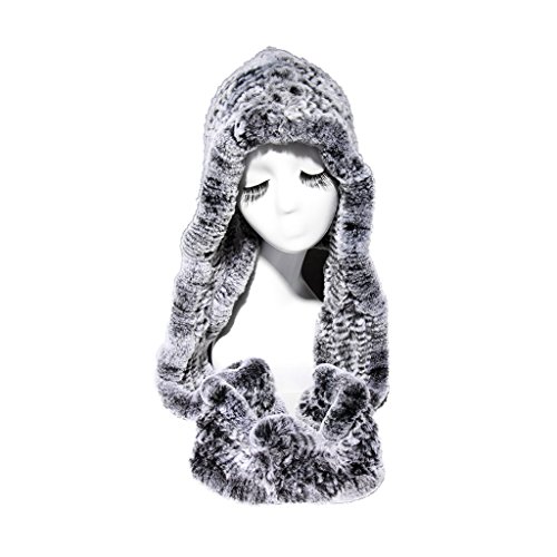 Fur Story 15670 Women's Knitted Real Rabbit Fur Beanie Hat with Fur Hat Scarf Silver Black