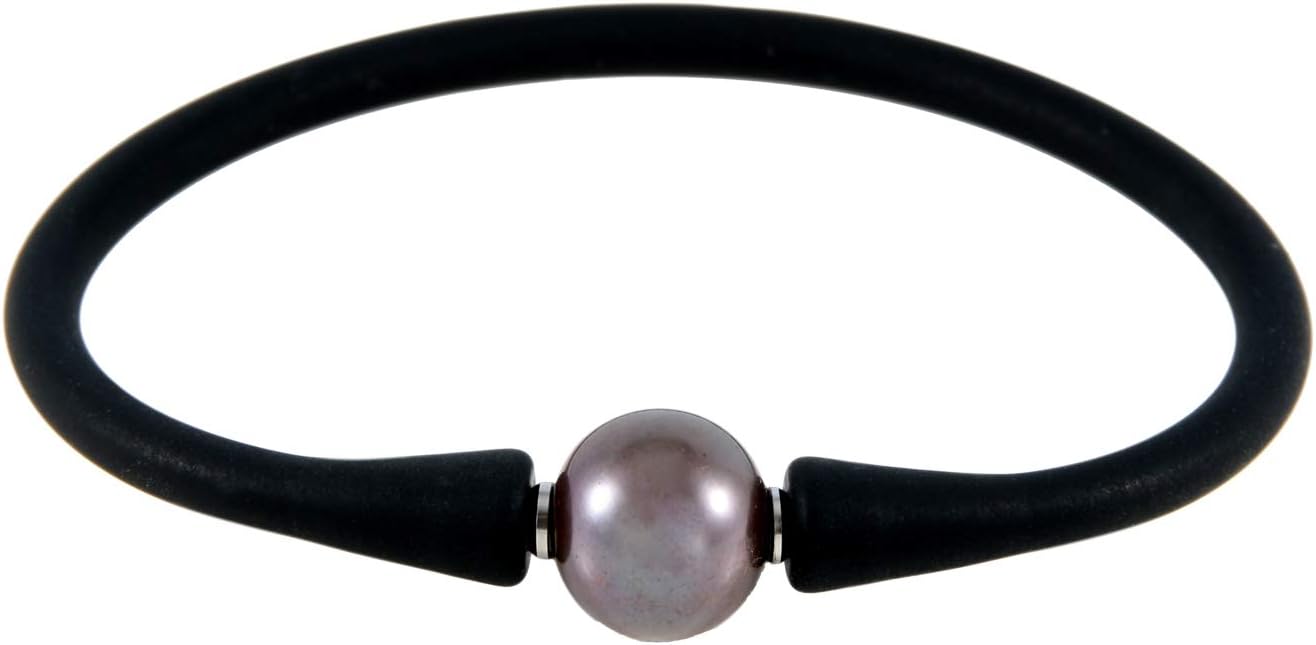 SPLENDID PEARLSHandpicked AA Quality 11-11.5mm Freshwater Cultured Pearl Black Silicone Stretchable Bracelet