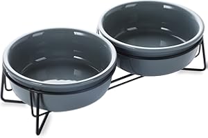 GDCZ Ceramics Raised Cat Bowls with Heighten Metal Stand for Pet Food and Water Dishes, 15 Ounces (Grey)