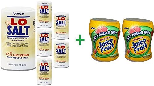 Lo Salt Iodized Reduced Sodium Salt Alternative 12.35 oz (6 Pack ) + 2 Fruity Chews Gum Watermelon 1/60 Count
