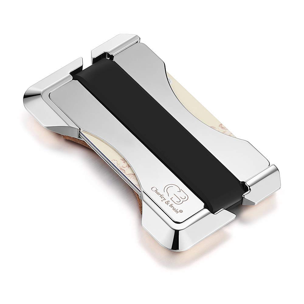 Leather and Metal Cardholder - RFID Blocking Smart Wallet for Credit & Debit Card - Money Clip for Paper Bank Notes - Travel Accessories & Birthday Gifts for Men & Women - Chrome-Black