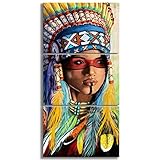 KALAWA Indian Woman Native American Wall Art for Girl Gifts Feathered Headdress Framed American Decor Canvas Wall Art 3 Piece Original Oil Painting Poster for Bedroom Living Room Decoation(24Wx16H)