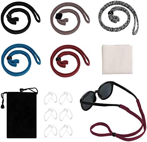 Adjustable Sunglasses Straps,5 Pack Comfortable Anti Slip Safety Eyeglasses Cord Holder Straps with Cleaning Cloth and Carrying Pouches and Eyeglass Nose pads for Sports Outdoor