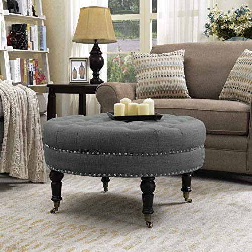 BELLEZE 33" inch Round Tufted Linen Ottoman Large Footstool Cocktail