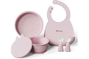 Dilovely Baby Led Weaning Supplies, Silicone Feeding Utensils Set, Babies Plates and Bowls Set, Suction Baby Bowl Plate with Adjustable Bibs and Training Spoon Fork - 6 Pcs BPA Free Pink