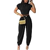 kaimimei 2 Piece Sets for Women Casual Mock Neck Cap Sleeve Crop Tops and Palazzo Pants Vacation Travel Outfits