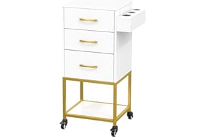 OMYSALON Beauty Salon Storage Trolley Cart, Salon Station for Stylist, Wooden Hair Cabinet with Dryer Holder & Drawer, Hairdressing Tools Organizer Equipment for Spa Barbershop Lash Tattoo, White