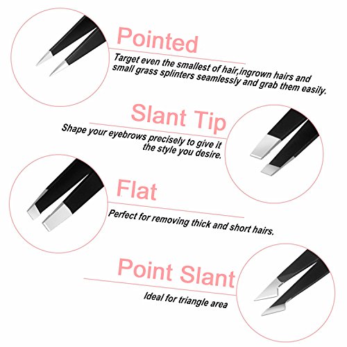 Motyya Eyebrow Tweezers Set 4-Piece Professional Stainless Steel Slant Tip and Pointed Tweezer. Best Precision for Eyebrows Plucking, Splinter Ingrown Hair Remover, Blackhead and Eyelash Extensions
