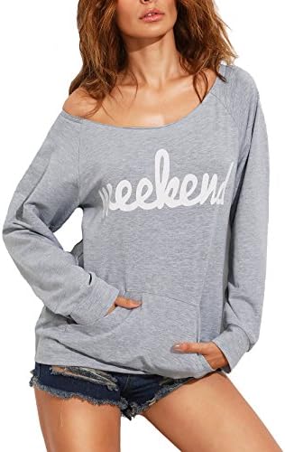 LAUWEE Women’s off Shoulder weekend Print Front Loose Pullover Sweatshirt